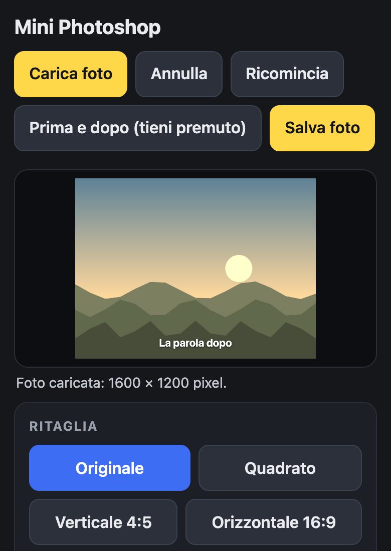 Il il mini photoshop con una foto aperta: la foto in alto e sotto i comandi
